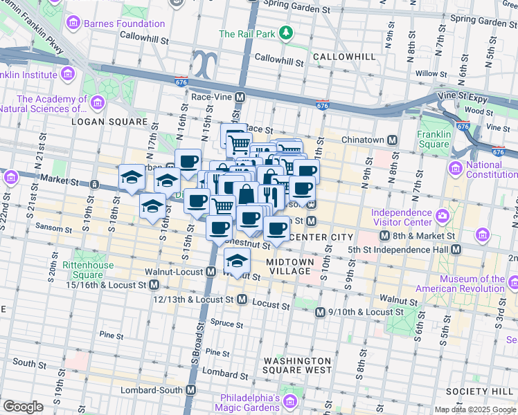 map of restaurants, bars, coffee shops, grocery stores, and more near 1234 Market Street in Philadelphia