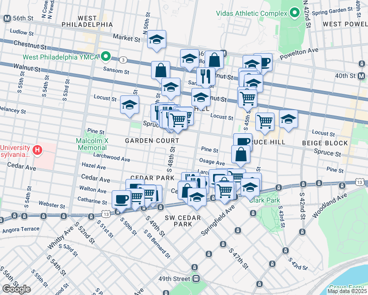 map of restaurants, bars, coffee shops, grocery stores, and more near 4740 Pine Street in Philadelphia