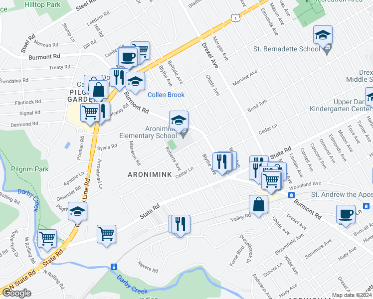 map of restaurants, bars, coffee shops, grocery stores, and more near 936 Alexander Avenue in Drexel Hill