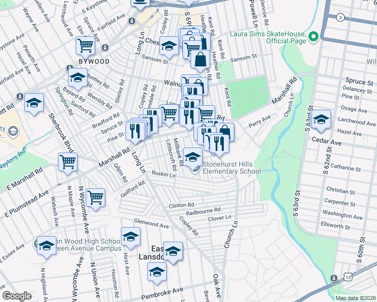 map of restaurants, bars, coffee shops, grocery stores, and more near 443 Millbank Road in Delaware County