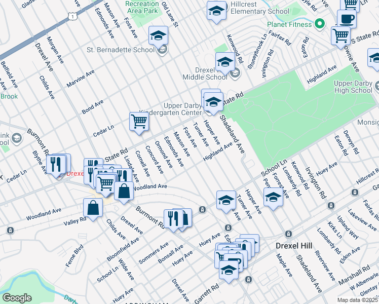 map of restaurants, bars, coffee shops, grocery stores, and more near 719 Mason Avenue in Drexel Hill