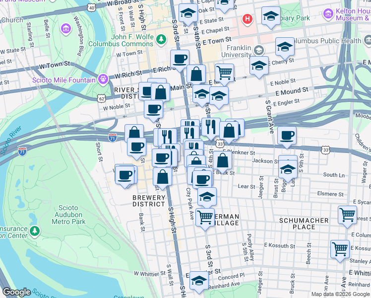 map of restaurants, bars, coffee shops, grocery stores, and more near 486 City Park Avenue in Columbus