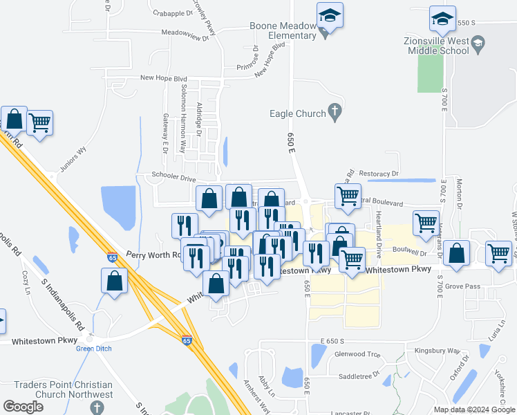 map of restaurants, bars, coffee shops, grocery stores, and more near 6317 Central Boulevard in Whitestown