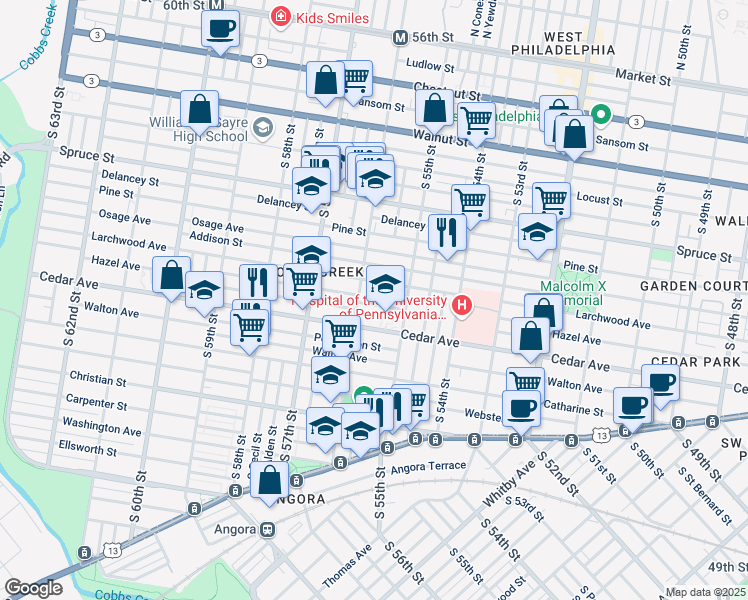 map of restaurants, bars, coffee shops, grocery stores, and more near 5547 Hazel Avenue in Philadelphia