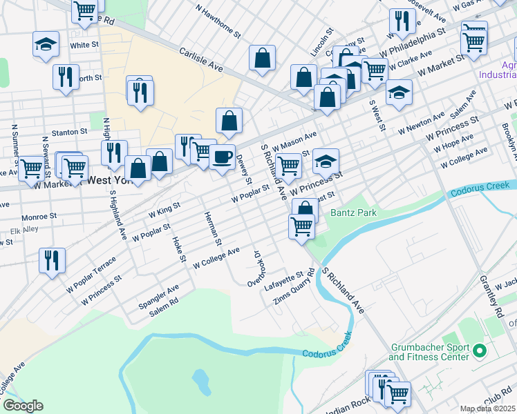 map of restaurants, bars, coffee shops, grocery stores, and more near 1100 West Princess Street in West York