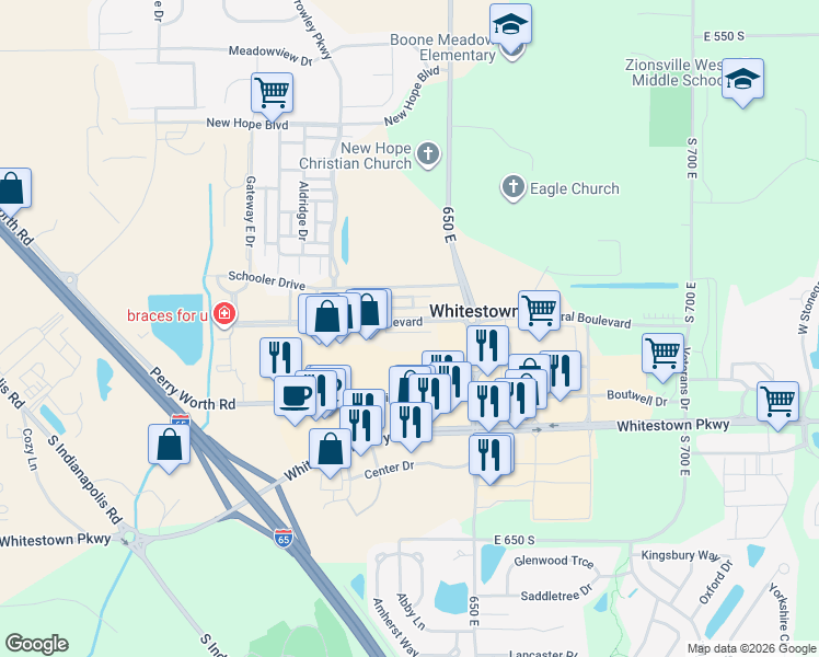 map of restaurants, bars, coffee shops, grocery stores, and more near 6351 Central Boulevard in Whitestown