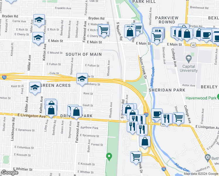 map of restaurants, bars, coffee shops, grocery stores, and more near 1835 Mooberry Street in Columbus