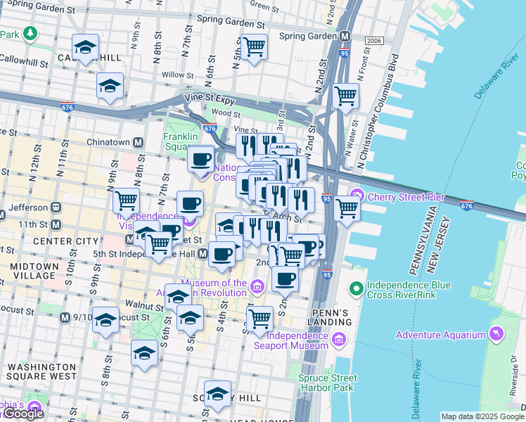 map of restaurants, bars, coffee shops, grocery stores, and more near in Philadelphia