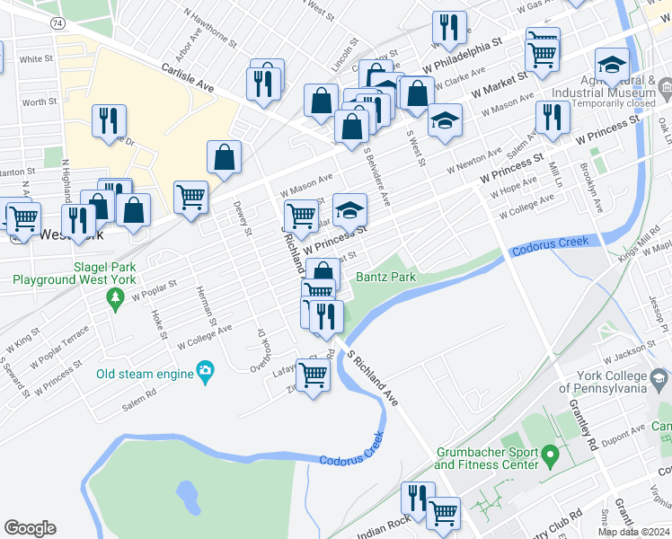 map of restaurants, bars, coffee shops, grocery stores, and more near 913 West College Avenue in York