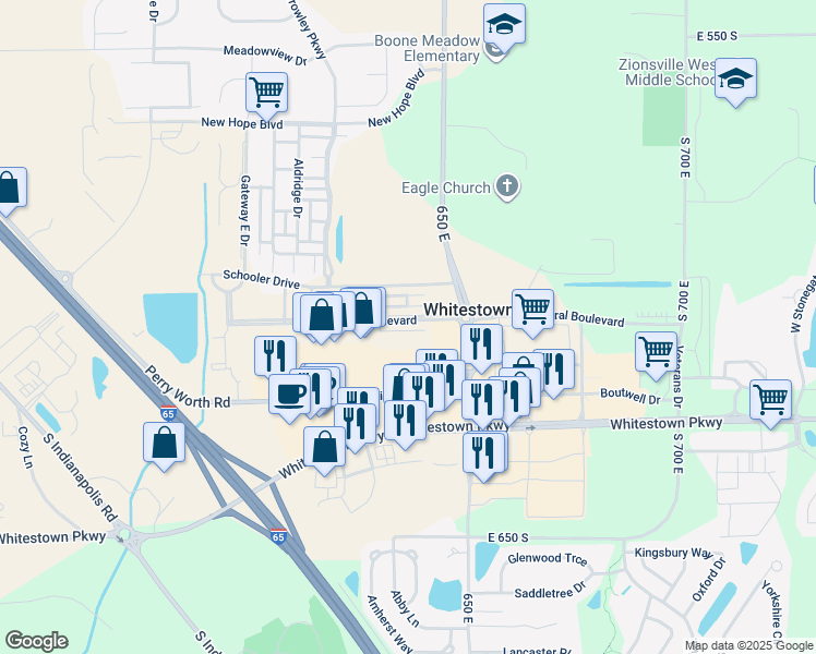 map of restaurants, bars, coffee shops, grocery stores, and more near 6351 Central Boulevard in Whitestown