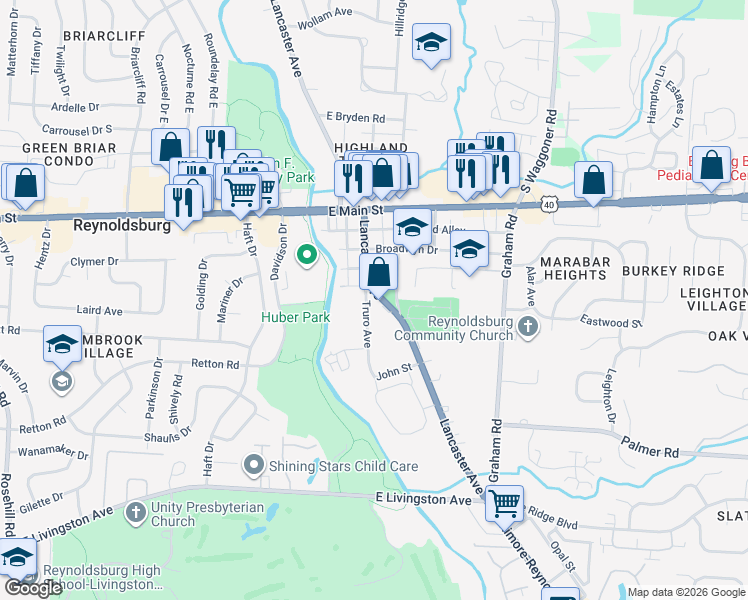 map of restaurants, bars, coffee shops, grocery stores, and more near 1532 Truro Avenue in Reynoldsburg