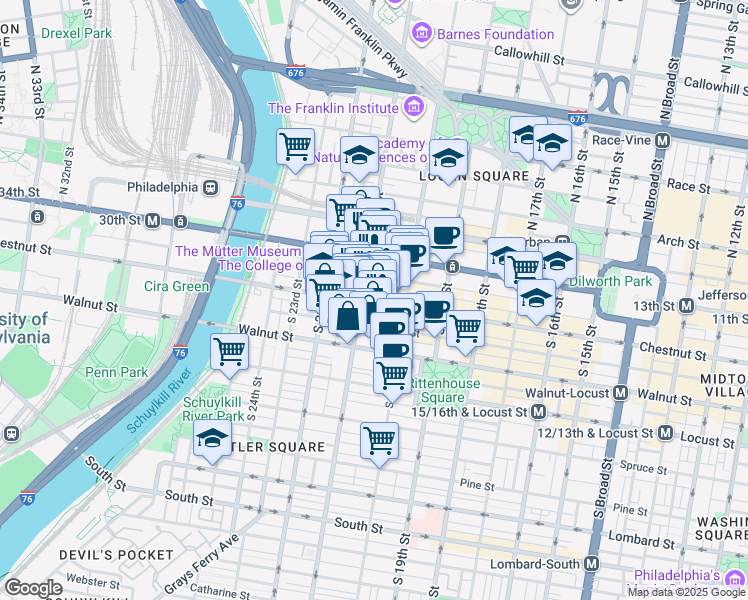 map of restaurants, bars, coffee shops, grocery stores, and more near 900 Market Street in Philadelphia
