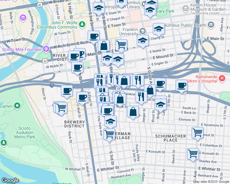 map of restaurants, bars, coffee shops, grocery stores, and more near 185 East Livingston Avenue in Columbus
