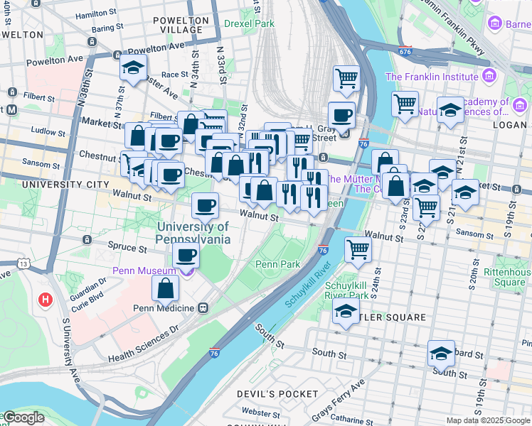 map of restaurants, bars, coffee shops, grocery stores, and more near 3101 Walnut Street in Philadelphia