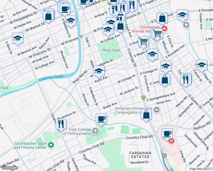 map of restaurants, bars, coffee shops, grocery stores, and more near 223 West Cottage Place in York