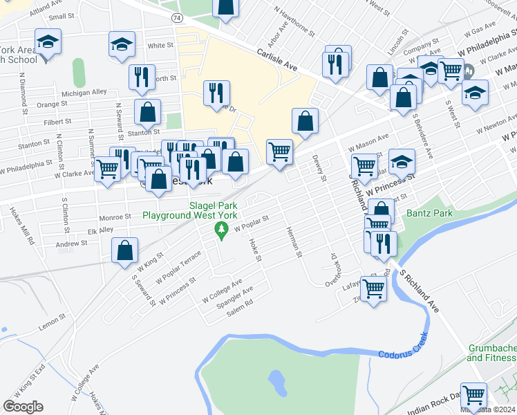 map of restaurants, bars, coffee shops, grocery stores, and more near 1274 West King Street in York