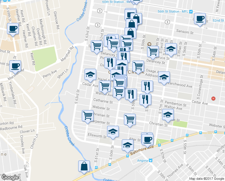 map of restaurants, bars, coffee shops, grocery stores, and more near 6034 Cedar Avenue in Philadelphia