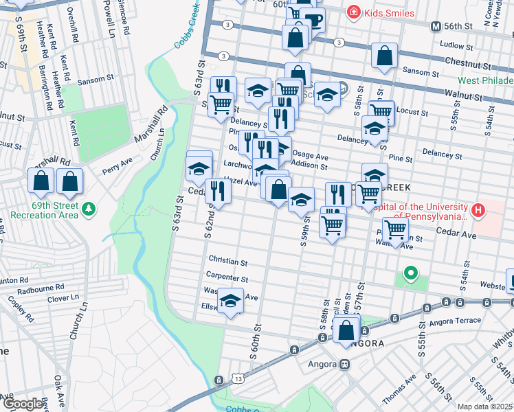 map of restaurants, bars, coffee shops, grocery stores, and more near 6034 Cedar Avenue in Philadelphia