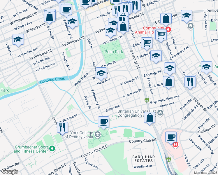 map of restaurants, bars, coffee shops, grocery stores, and more near 223 West Cottage Place in York
