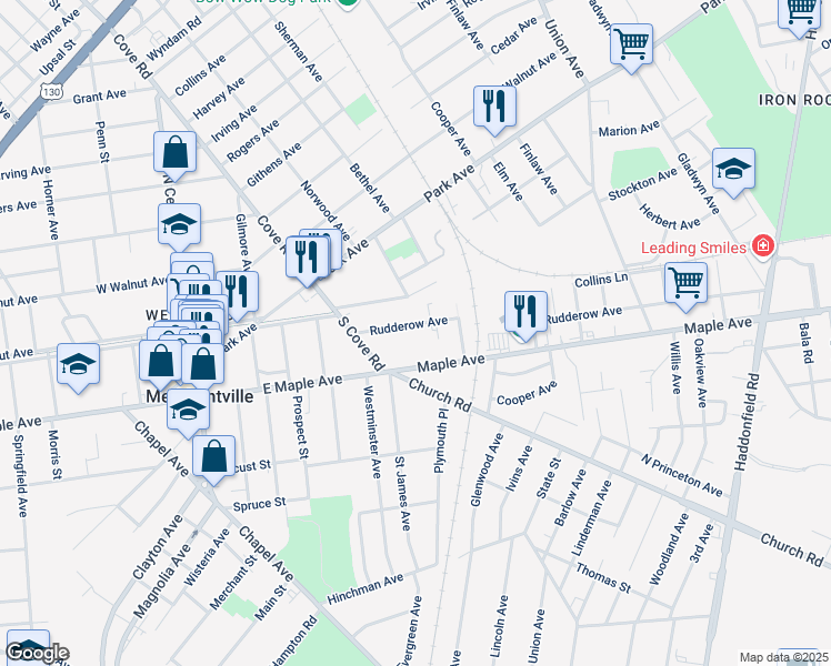 map of restaurants, bars, coffee shops, grocery stores, and more near 6582 Rudderow Avenue in Pennsauken Township