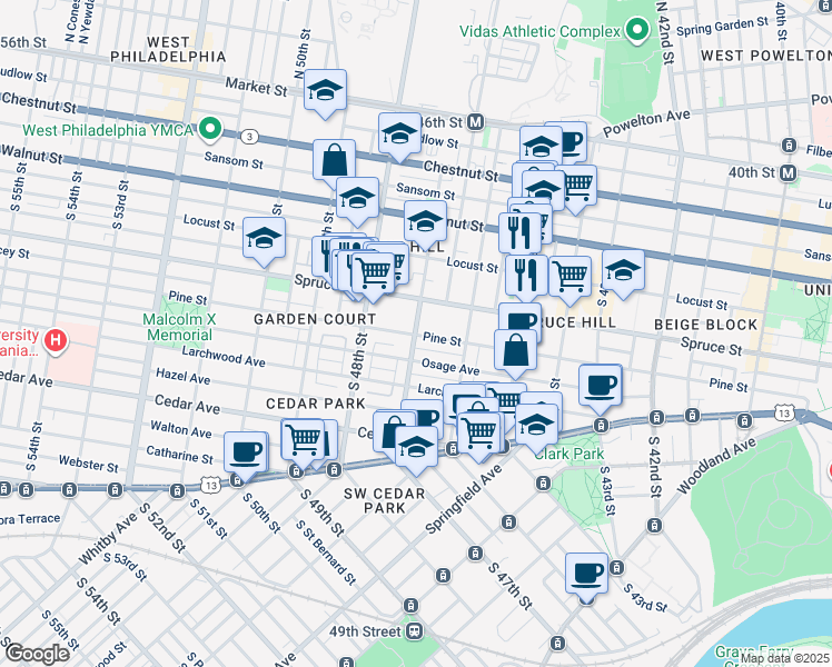 map of restaurants, bars, coffee shops, grocery stores, and more near 351 South 47th Street in Philadelphia
