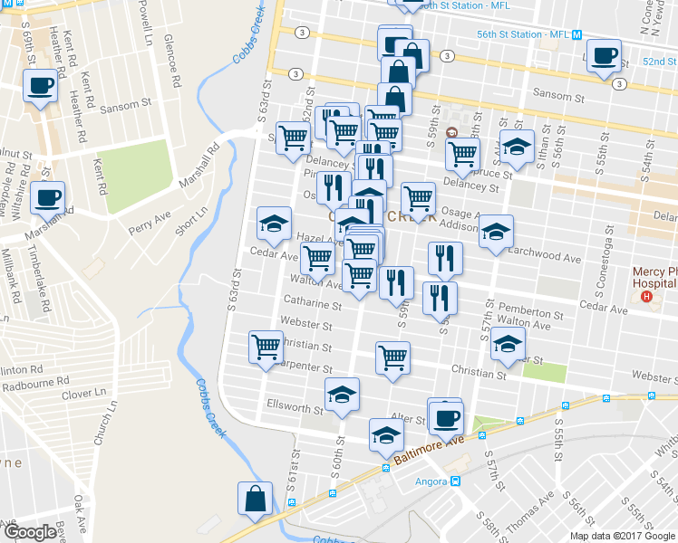 map of restaurants, bars, coffee shops, grocery stores, and more near 6036 Cedar Avenue in Philadelphia