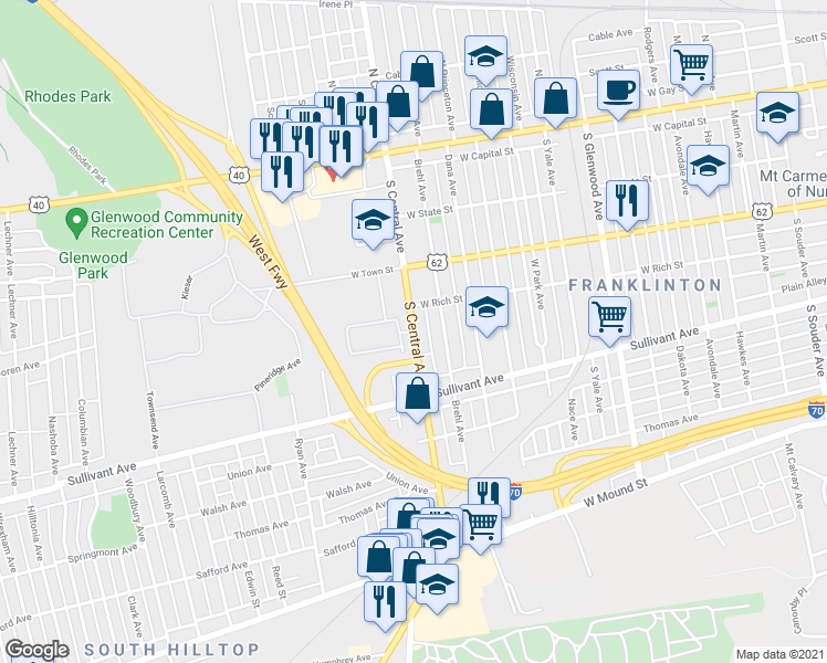 map of restaurants, bars, coffee shops, grocery stores, and more near S Central Ave & W Rich St in Columbus