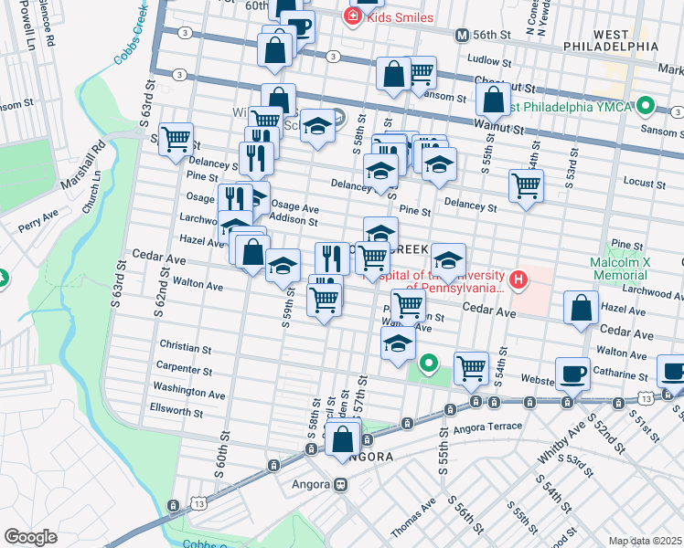 map of restaurants, bars, coffee shops, grocery stores, and more near 5758 Rodman Street in Philadelphia