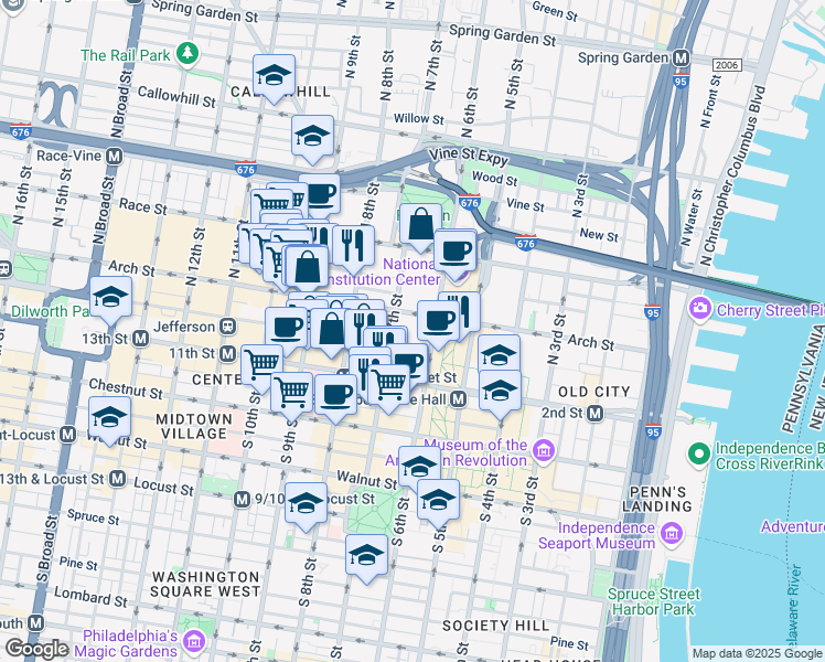 map of restaurants, bars, coffee shops, grocery stores, and more near 600 Arch Street in Philadelphia