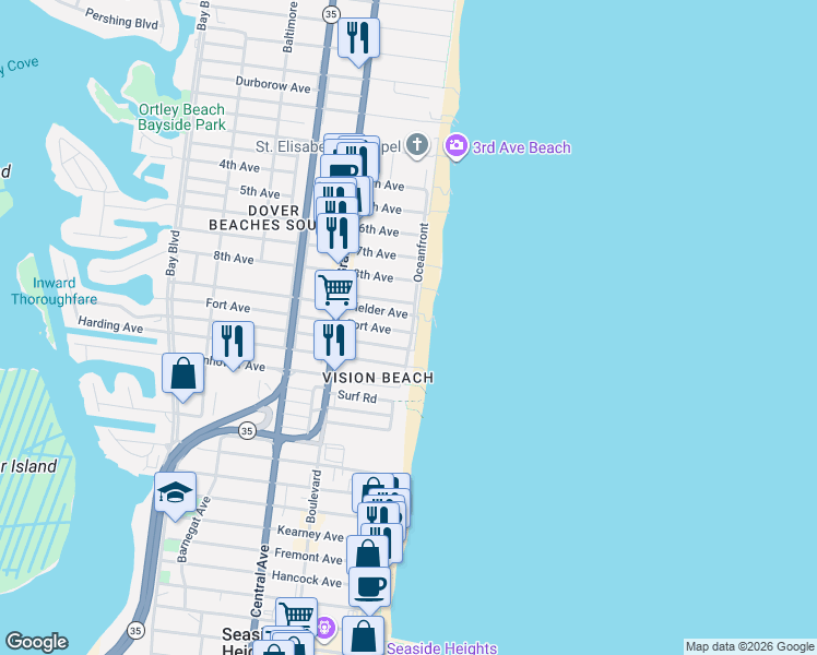 map of restaurants, bars, coffee shops, grocery stores, and more near 1800 Oceanfront in Seaside Heights