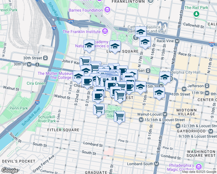 map of restaurants, bars, coffee shops, grocery stores, and more near 1916 Chestnut Street in Philadelphia