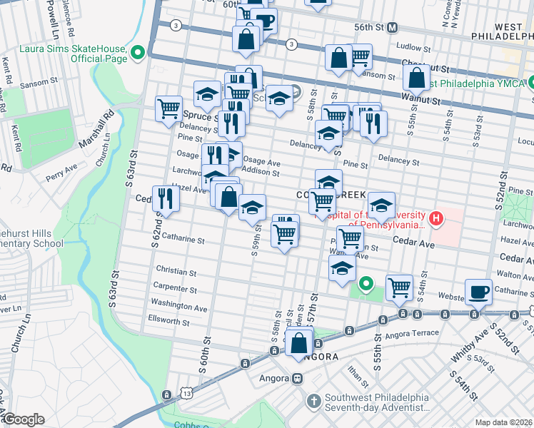 map of restaurants, bars, coffee shops, grocery stores, and more near 5842 Rodman Street in Philadelphia