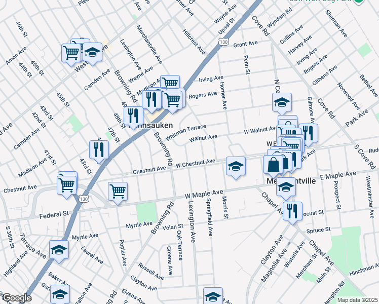 map of restaurants, bars, coffee shops, grocery stores, and more near 3330 Lexington Avenue in Pennsauken Township