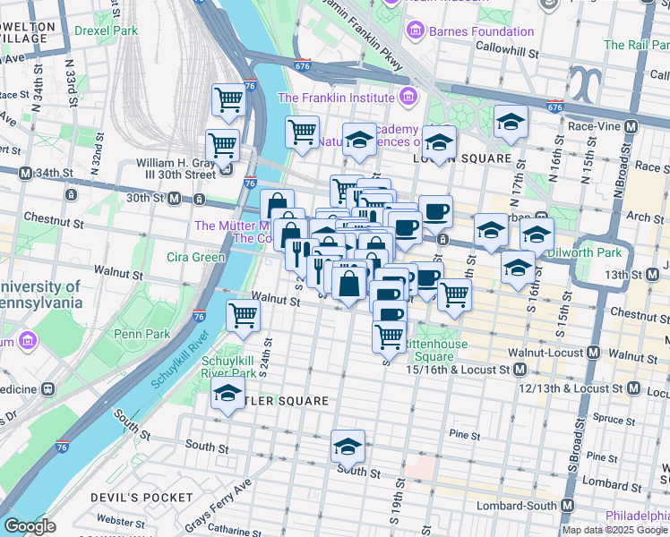 map of restaurants, bars, coffee shops, grocery stores, and more near 2116 Chestnut Street in Philadelphia