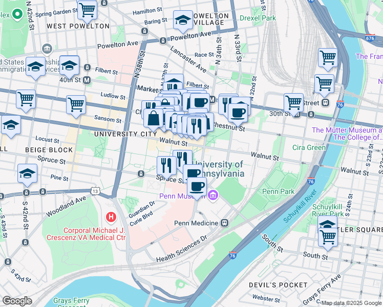 map of restaurants, bars, coffee shops, grocery stores, and more near 221 South 34th Street in Philadelphia