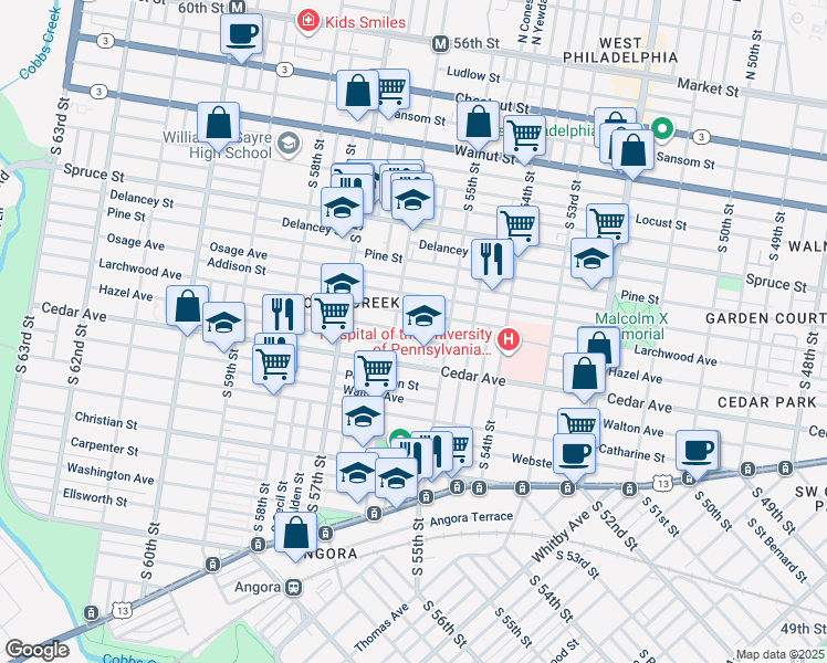 map of restaurants, bars, coffee shops, grocery stores, and more near 5545 Hazel Avenue in Philadelphia