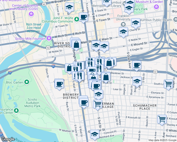 map of restaurants, bars, coffee shops, grocery stores, and more near 486 City Park Avenue in Columbus