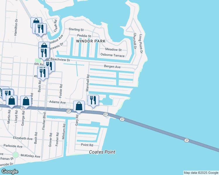 map of restaurants, bars, coffee shops, grocery stores, and more near 3434 Maritime Drive in Toms River