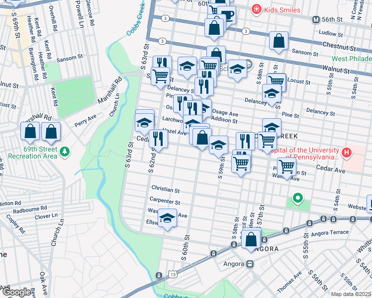 map of restaurants, bars, coffee shops, grocery stores, and more near 6036 Cedar Avenue in Philadelphia