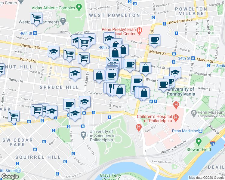map of restaurants, bars, coffee shops, grocery stores, and more near Irving St & S 40th St in Philadelphia