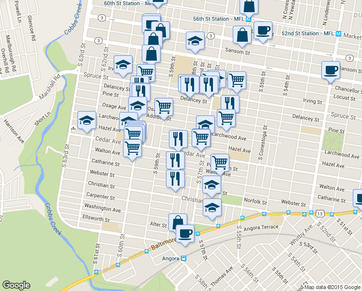 map of restaurants, bars, coffee shops, grocery stores, and more near 5800 Rodman Street in Philadelphia