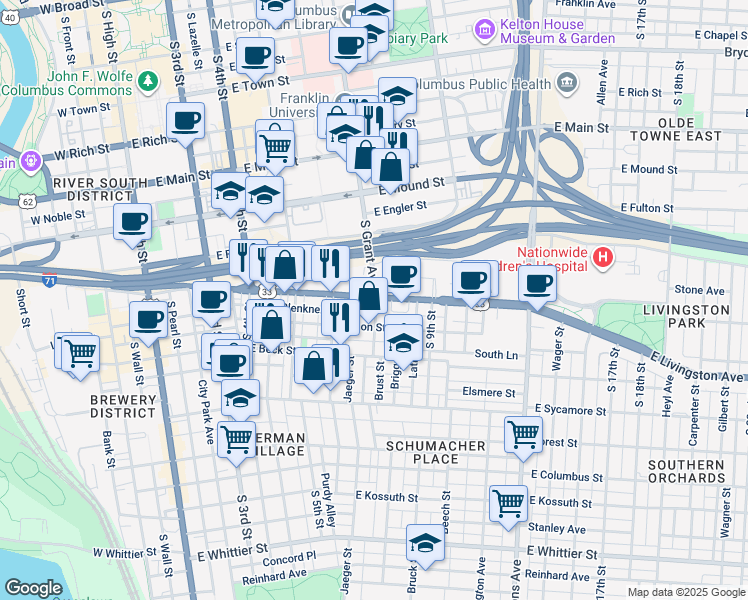 map of restaurants, bars, coffee shops, grocery stores, and more near 349 East Livingston Avenue in Columbus