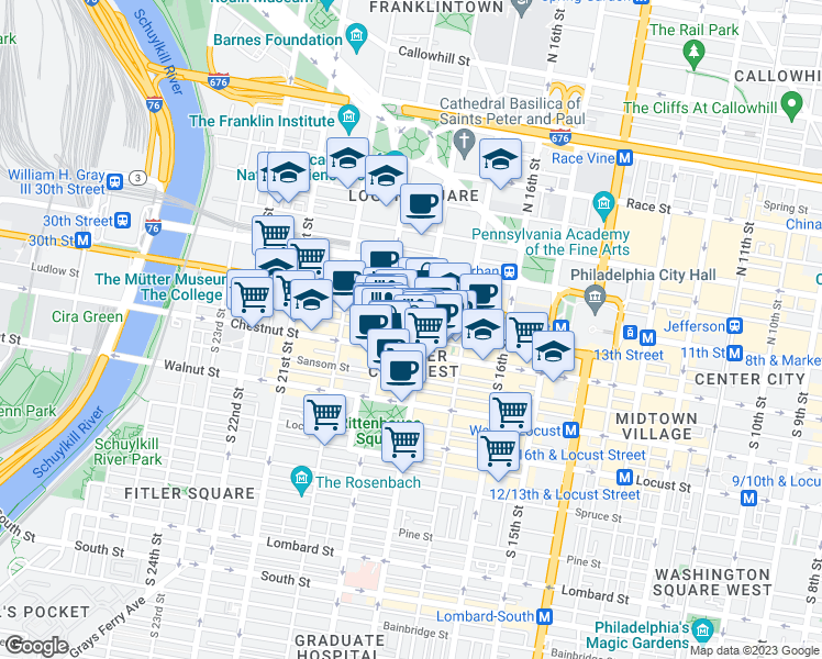 map of restaurants, bars, coffee shops, grocery stores, and more near 1815 Ranstead Street in Philadelphia