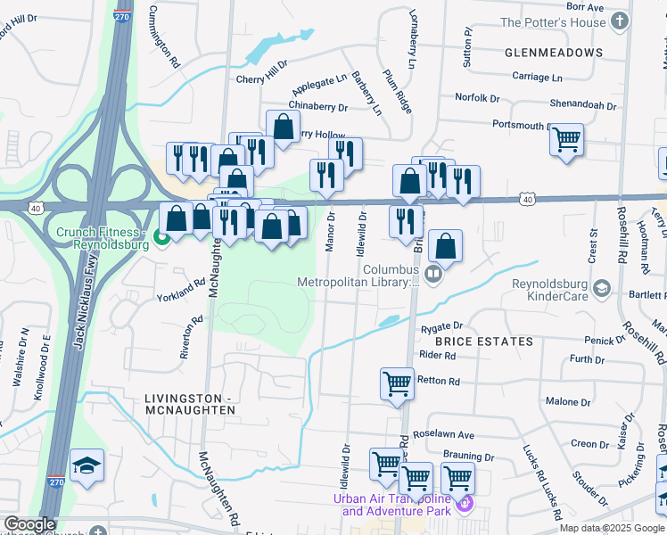 map of restaurants, bars, coffee shops, grocery stores, and more near 1210 Manor Drive in Columbus