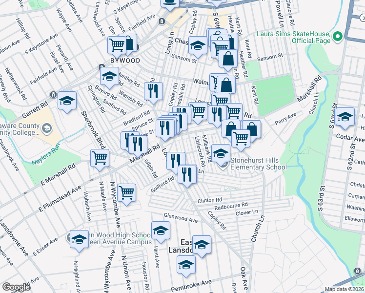 map of restaurants, bars, coffee shops, grocery stores, and more near 421 Grace Road in Delaware County