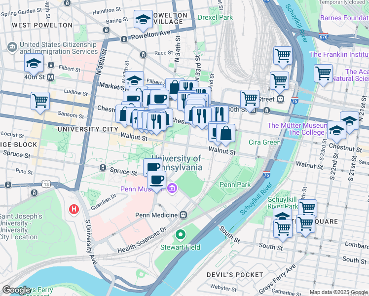 map of restaurants, bars, coffee shops, grocery stores, and more near 200 South 33rd Street in Philadelphia