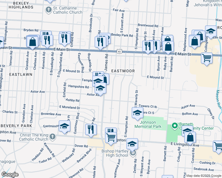map of restaurants, bars, coffee shops, grocery stores, and more near 923 South Ashburton Road in Columbus