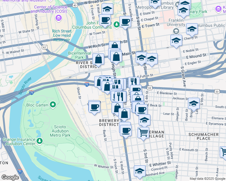 map of restaurants, bars, coffee shops, grocery stores, and more near 495 South High Street in Columbus