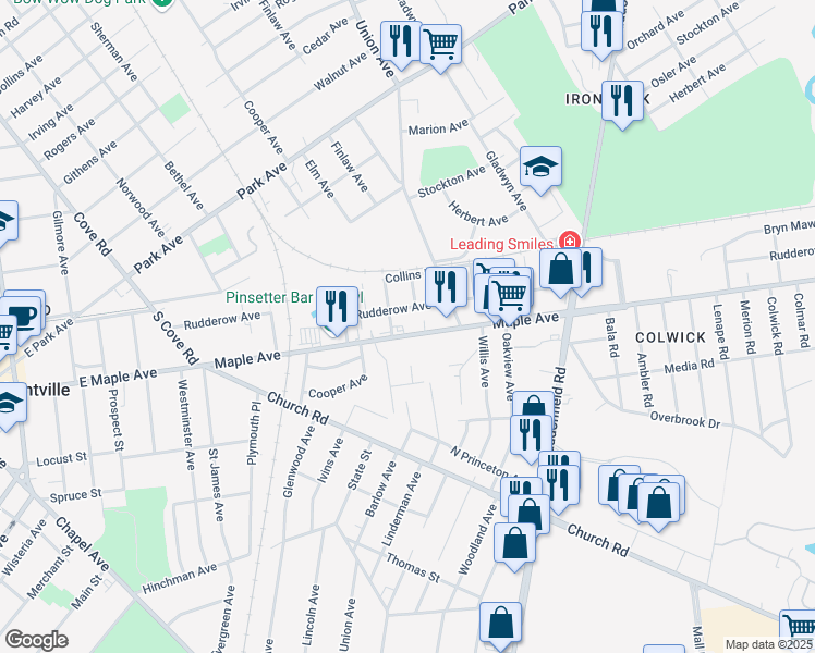 map of restaurants, bars, coffee shops, grocery stores, and more near 7362 Rudderow Avenue in Pennsauken Township