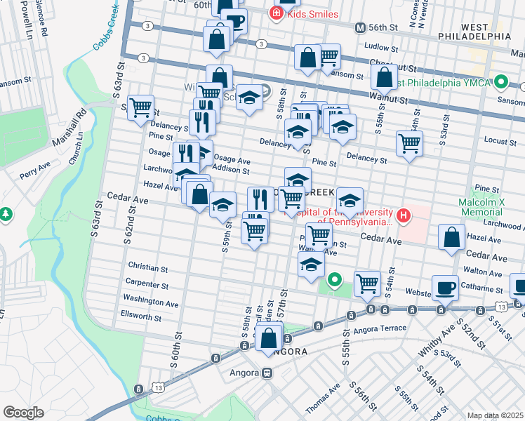 map of restaurants, bars, coffee shops, grocery stores, and more near 5800 Rodman Street in Philadelphia